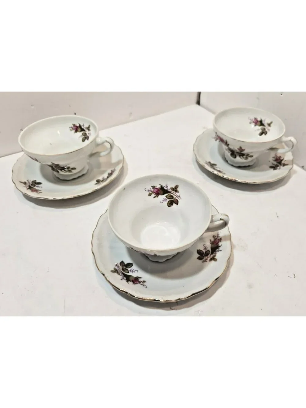 Vintage Japan Tea Cup and Saucer Flower Pink Rose With Gold Tone Rim Set of 3
